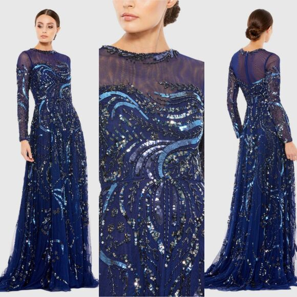 Mac Duggal Long Sleeve Embellished Illusion Evening Gown 12 Maxi Dress 5217 New - Picture 1 of 9